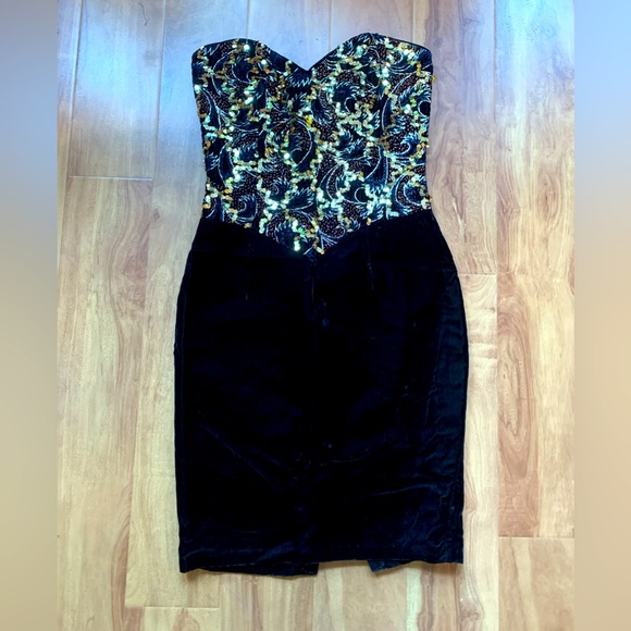 Vintage Dresses & Skirts - Vintage Black & Gold Jessica McClintock Gunne Sax Strapless Sweetheart MiniDress